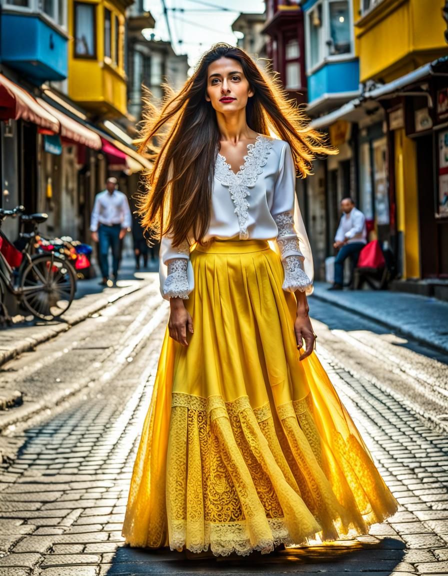 fashion woman look with yellow skirt