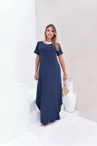 look vestido azul Feminino