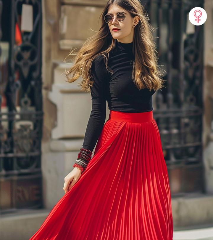 fashion woman look with pleated midi skirt