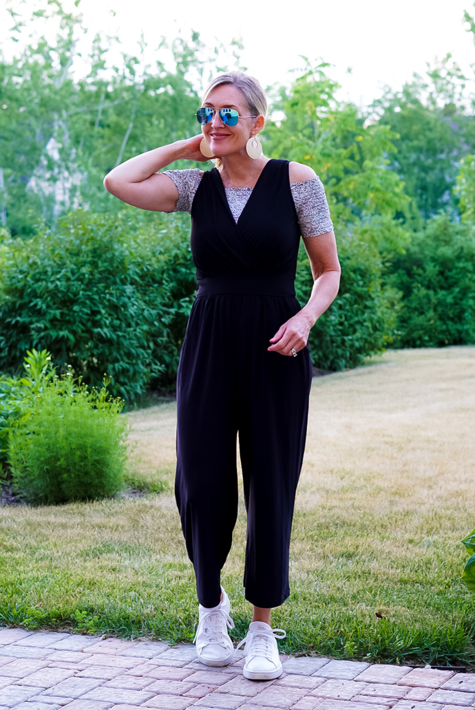 fashion woman look with black jumpsuit