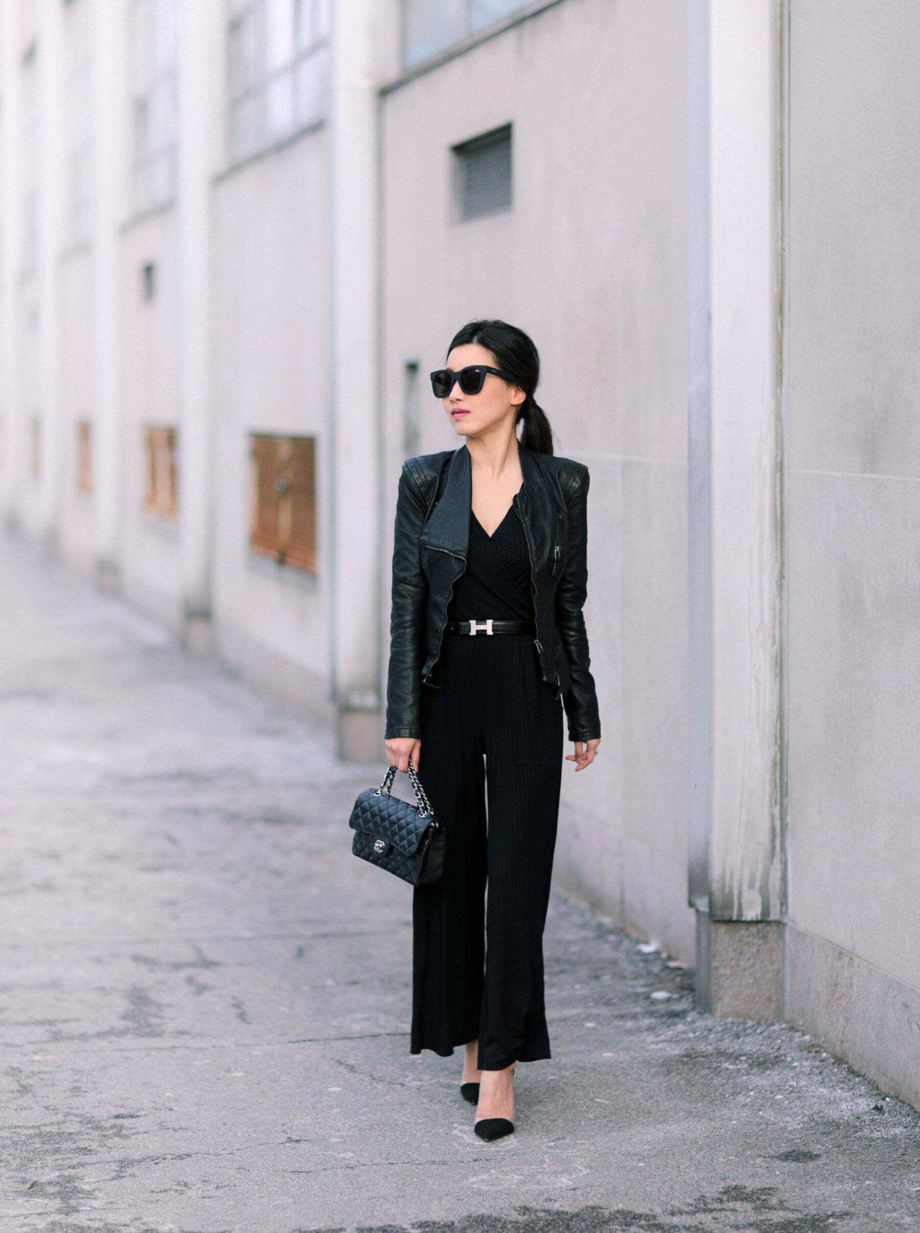 fashion woman look with black jumpsuit