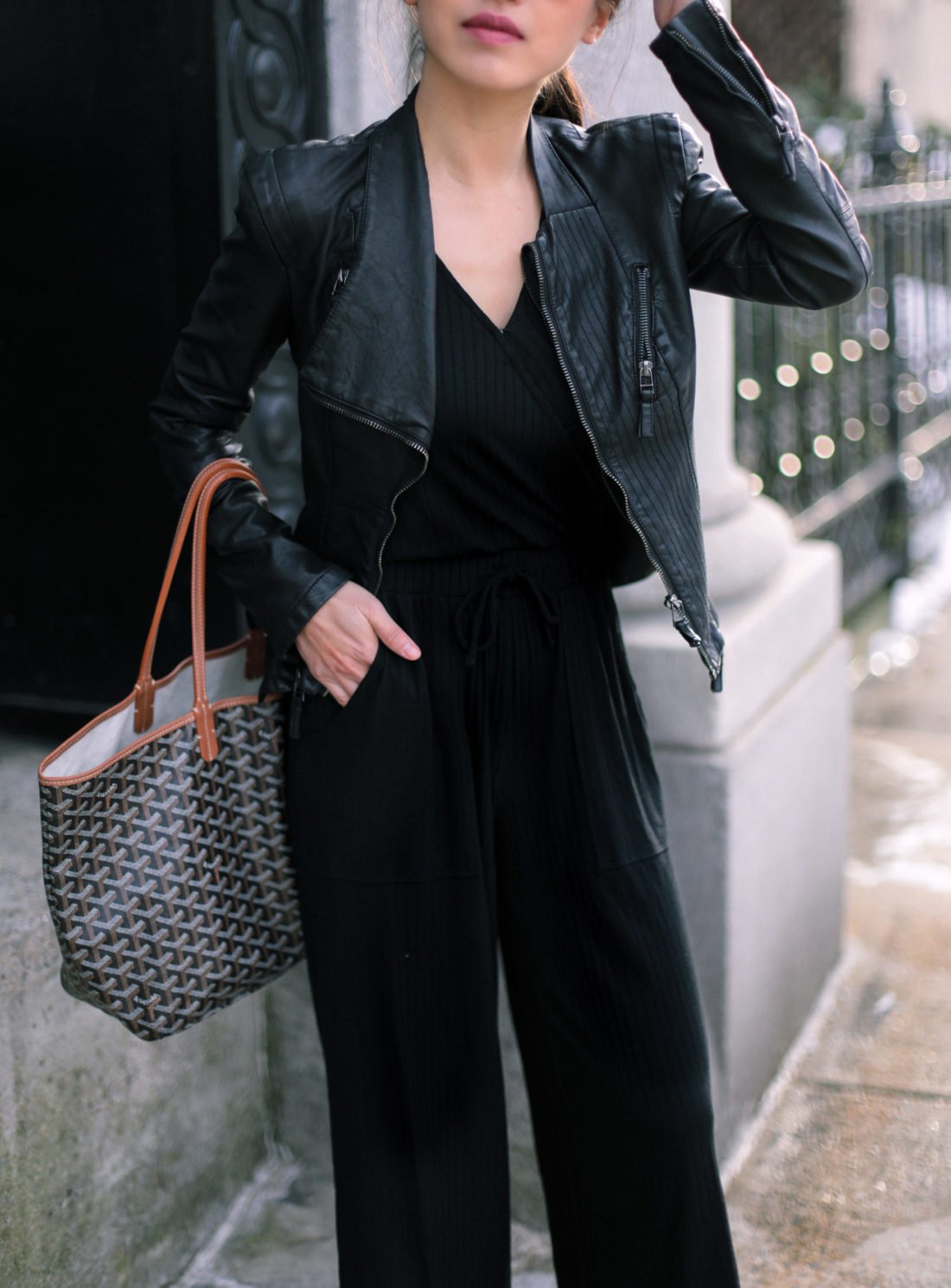 fashion woman look with black jumpsuit