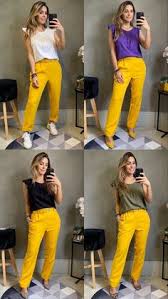 look calça amarela Feminino