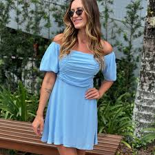 look vestido azul Feminino