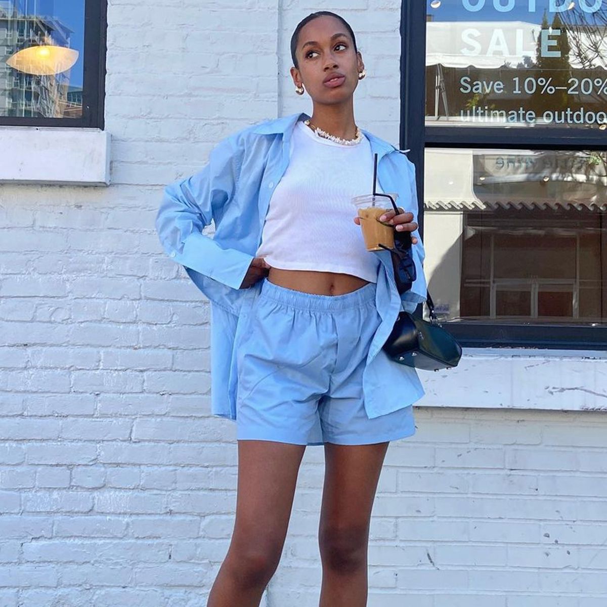 fashion woman look with blue shorts