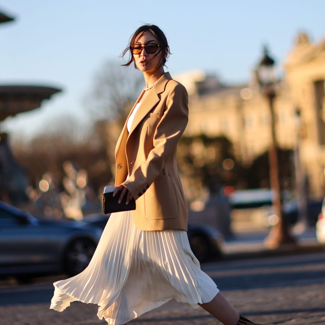 fashion woman look with pleated midi skirt